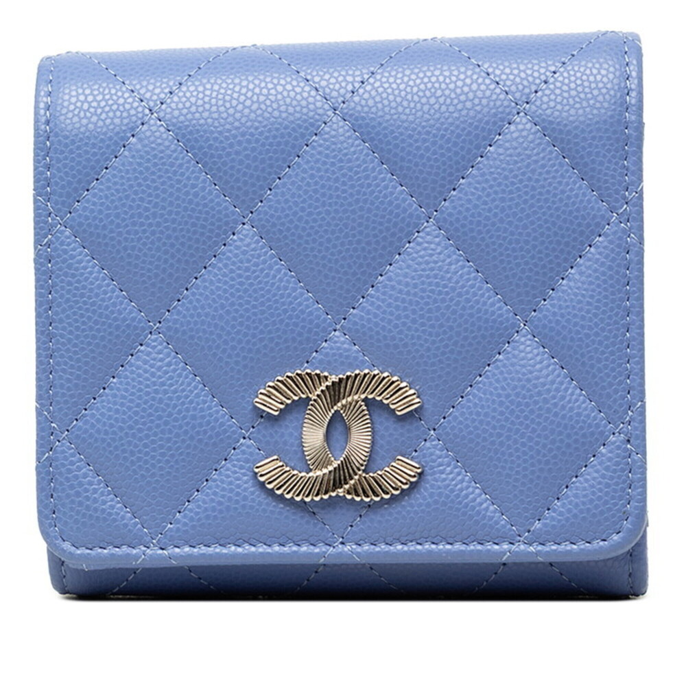 Chanel Coco Mark Matelassé Tri-fold Wallet, Blue Caviar Leather, Women's CHANEL
